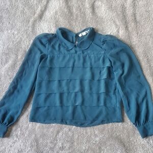 Forever 21 Teal Sheer Chiffon  Blouse With Peter Pan Collar Size Small